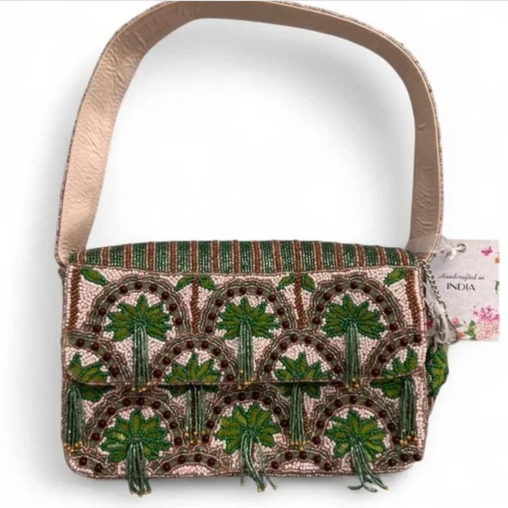 Handmade in India Beaded Palm Trees Shoulder Bag with Palm Tree Bag Charm NWT